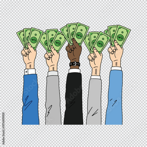 Diverse hands holding up cash banknotes money