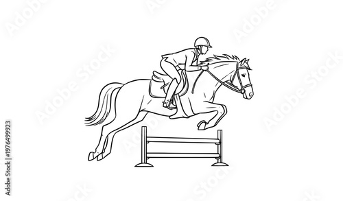 Stylized line art of horseback jumping vector illustration for kids and educational designs