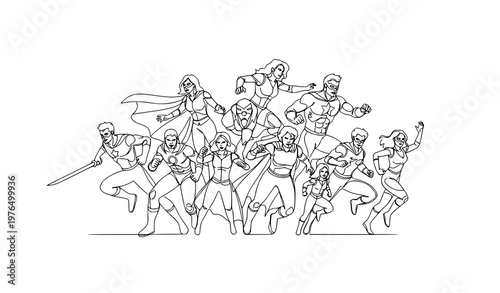 Continuous line drawing of a team of heroes vector illustration in dynamic action poses