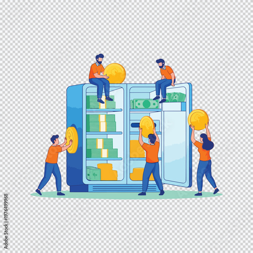 People putting gold coins and bills into a blue refrigerator orange shirts