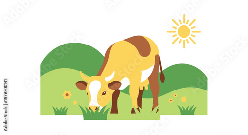 Farm Cow Grazing in Sunny Green Pasture with Flowers - Flat Design Illustration