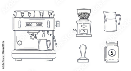 Espresso Machine, Grinder, Milk Jug, Tamper, and Jar - Coffee Making Elements