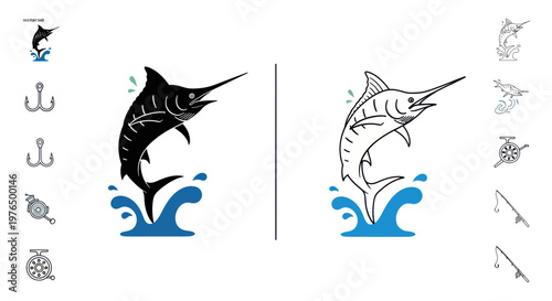 Jumping Marlin Silhouette and Line Art with Fishing Icons