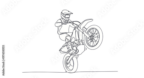 Motorcyclist Performing a Wheelie Stunt on a Dirt Bike, Line Art Illustration