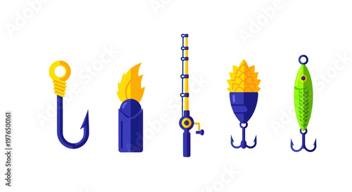 Fishing Gear Collection: Hook, Lure, Rod, Bait, Spoon Lure - Vector Illustration