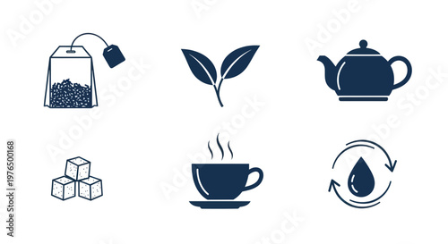 Tea Icons Set: Bag, Leaves, Pot, Sugar Cubes, Cup, Water Cycle