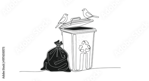 Two birds perched on an open trash can next to a black garbage bag