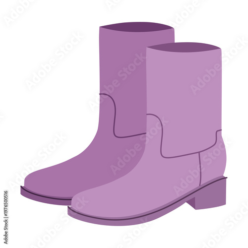 Purple ankle boot women color pair. Straight shaft mid heel boot for city stroll dinner polished outfit. Technical fashion illustration CAD mockup soft vector man unisex isolated contemporary style.