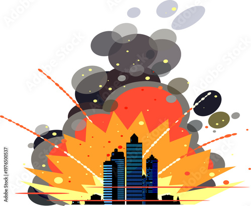 Vector illustration of city explosion and fire (Editable, Copy space, War and conflict background)