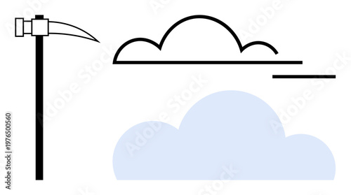 Tools, weather, construction, mining, nature, environment. A pickaxe next to two clouds in abstract form. Mining and weather concept through simple symbolism