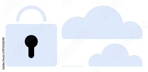 Cloud storage, data privacy, cybersecurity, online protection, secure access, digital safety. Padlock alongside two cloud shapes. Cloud storage and data privacy