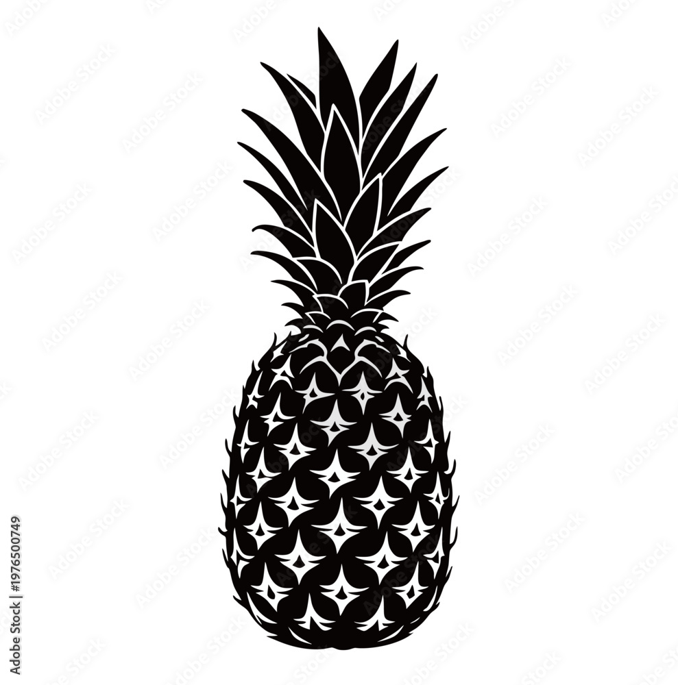 Obraz premium Black silhouette of a pineapple with decorative pattern details on a clean background.