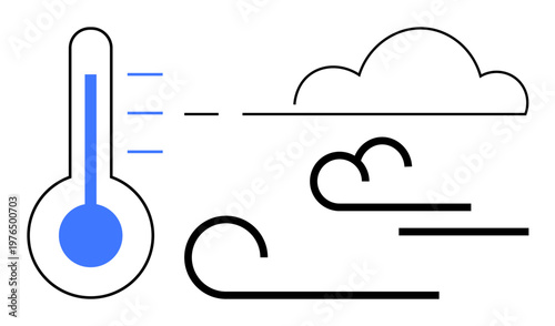 Climate change, weather forecasting, environment tracking, meteorology, temperature monitoring, wind analysis. Thermometer, wind flow and cloud in a modern minimalist style. Climate change