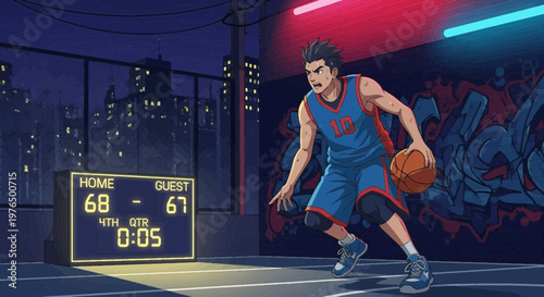 Basketball player dribbling intensely during a close game.