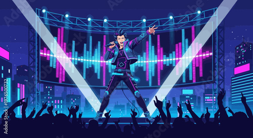 Energetic male singer performing live on stage with spotlight.