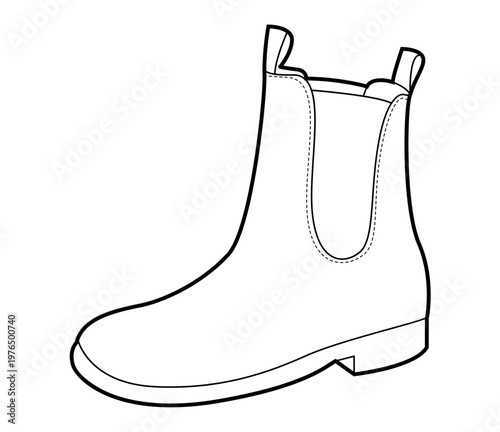 Chelsea boot women single line. Classic pull on ankle boot for office commute and weekend walk. Technical fashion illustration CAD mockup clean vector man unisex isolated modern style.