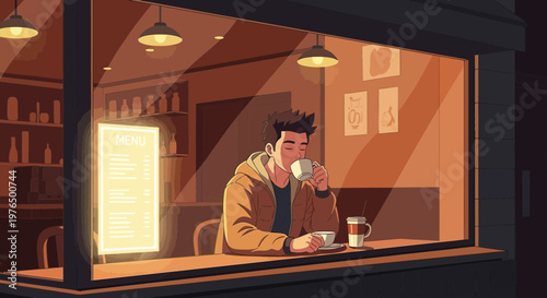 Man enjoying a warm beverage in a cozy cafe setting 1.