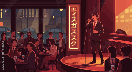 Man in suit singing on stage in a jazz club.