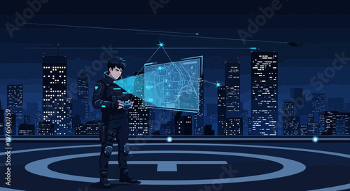 Man Interacting with Futuristic Holographic Display.