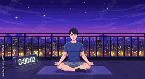 Man Meditating Calmly on Yoga Mat Under Night Sky.