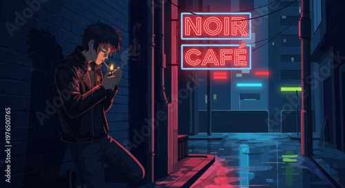 Man lighting cigarette in neonlit alleyway.