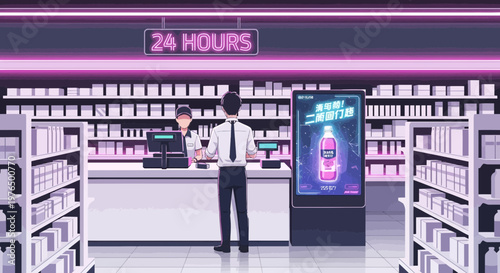 Man standing at a convenience store counter interacting with cashier.