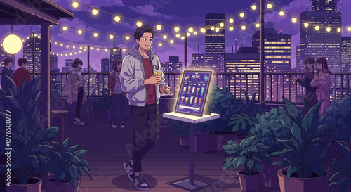 Man standing at a digital display on a rooftop.