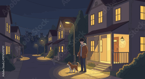 Man walking dog at night under street light.