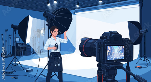 Professional photographer adjusting studio lighting equipment for a shoot.