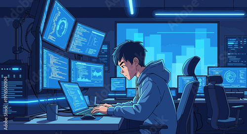 Young man intensely focused on laptop screen in a futuristic tech office.