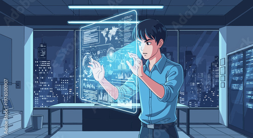 Young man interacting with futuristic holographic interface technology.