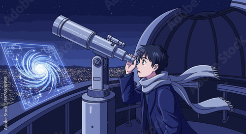 Young man observing galaxy through telescope at observatory.