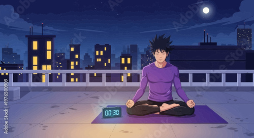 Young man meditating peacefully on rooftop at night.