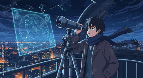 Young man observing stars through telescope on rooftop.