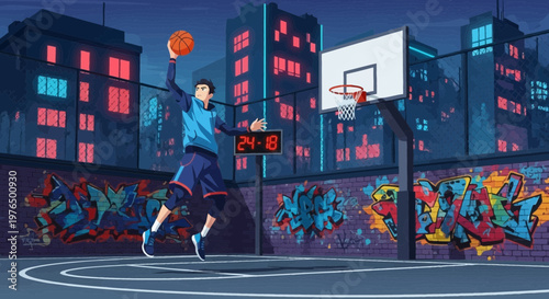 Young man playing basketball on urban court at night.