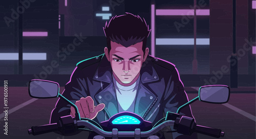 Young man on motorcycle looking at glowing dashboard.