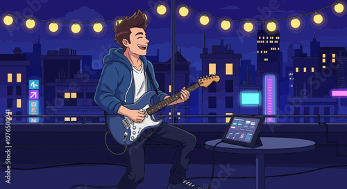 Young man playing electric guitar on rooftop at night.