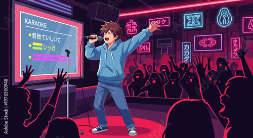 Young man singing enthusiastically on karaoke stage.