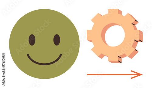 Team collaboration, automation, workflow, efficiency, happiness, and strategy. Green happy face next to orange gear with arrow. Workflow and efficiency concept for modern teamwork