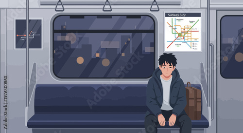 Young Man Sitting Alone on Subway Train.