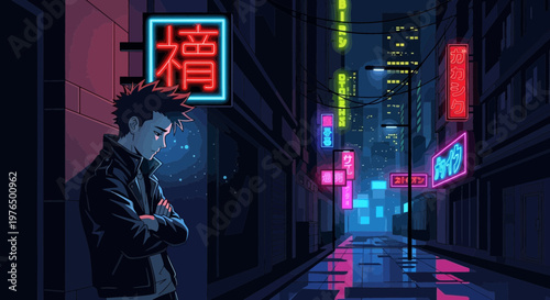 Young man standing in a neonlit alleyway at night.