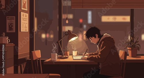 Young man studying diligently at a cafe table.
