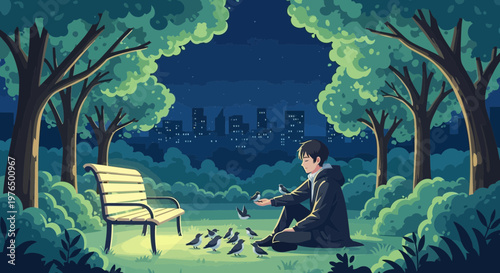 Young man sitting in park feeding birds at night.