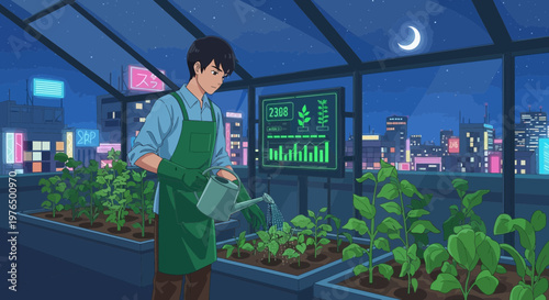 Young man watering plants in a futuristic rooftop garden.