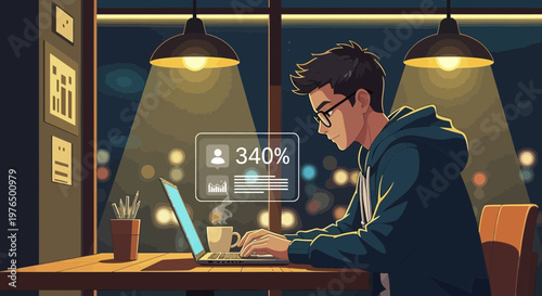 Young man working diligently on laptop at night.