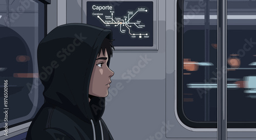 Young person in hoodie looking out train window.