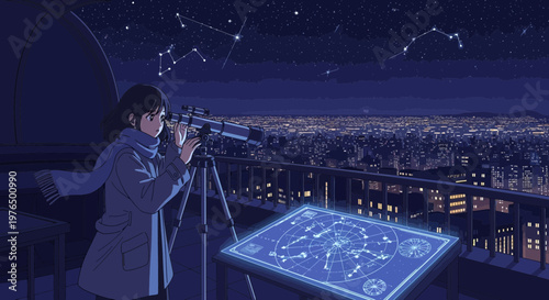 Young person observing stars with telescope on rooftop.