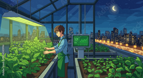 Young person tending to plants in a futuristic urban greenhouse at night.
