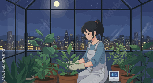Young woman tending to plants in a greenhouse at night.