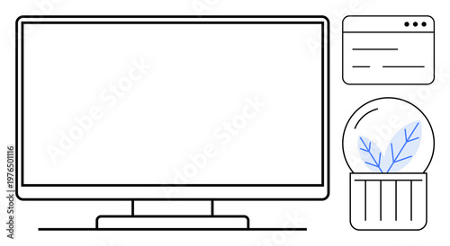 Technology, digital design, remote work, creative workspace, user interface, home office. Monitor, browser window and plant in glass dome. Technology and digital design concept